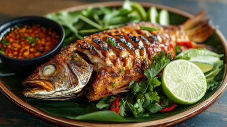 A beautifully grilled fish with crispy skin, served on a traditional Thai plate with fresh herbs, lime slices, and a side of spicy dipping sauceの素材