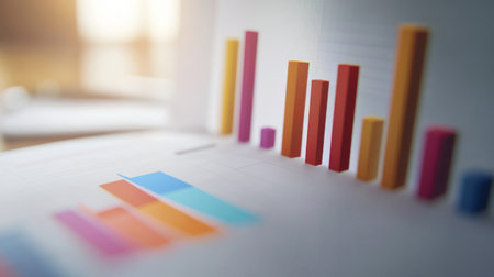A close-up of a bar graph with 3D effects, showcasing detailed data comparisons and trends on a financial analyst desktop screenの素材