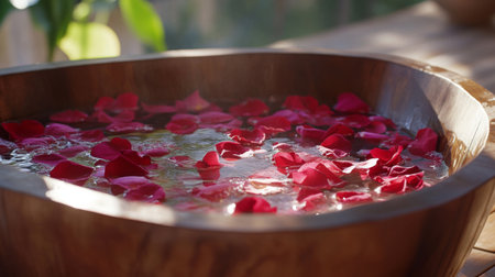 A calming foot bath with rose petals and essential oils, creating a luxurious spa experience.の素材