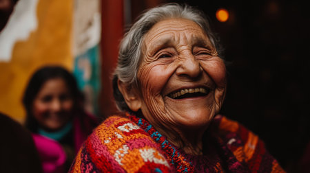 A candid shot of an elderly woman laughing with family, her face lit up with joy and showcasing the character lines of a life well-livedの素材