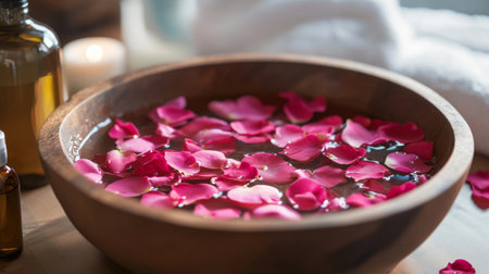 A calming foot bath with rose petals and essential oils, creating a luxurious spa experience.の素材