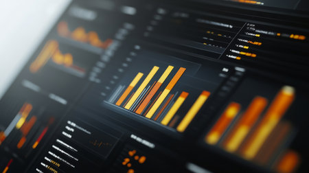 A close-up of a bar graph with 3D effects, showcasing detailed data comparisons and trends on a financial analyst desktop screenの素材