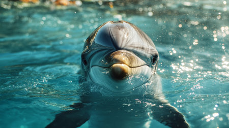 A close-up of a dolphin's face as it swims, showcasing its friendly expression and smooth, glistening skin.の素材