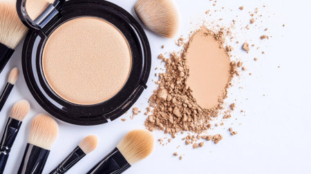 A close-up of a compact powder case and makeup brushes, elegantly arranged on a white background, showcasing the products in a professional and appealing mannerの素材