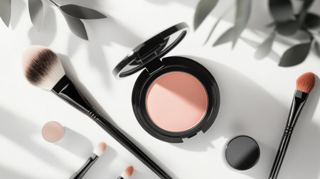 A close-up of a compact powder case and makeup brushes, elegantly arranged on a white background, showcasing the products in a professional and appealing mannerの素材