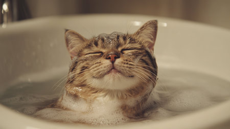 A cat sitting calmly in a bath with soapy water, with a relaxed expression as it is being carefully rinsed.の素材