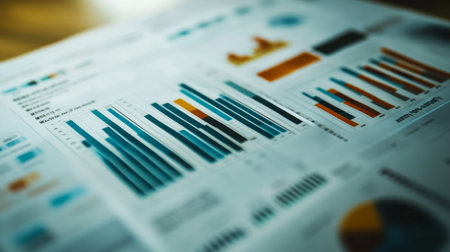 A close-up of a financial report with various business graphs, including bar charts and line graphs, with clear data and annotations.の素材