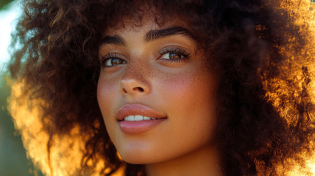 A close-up of a woman with voluminous, textured curls, showcasing a natural and bouncy hairstyle with a bright and cheerful expressionの素材