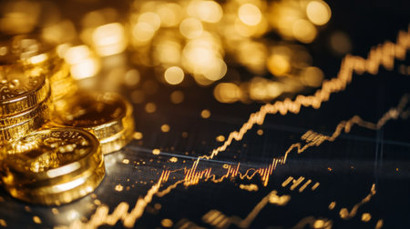 A close-up of a gold price graph with various indicators and annotations, with gold bars and coins in the background, highlighting investment trendsの素材