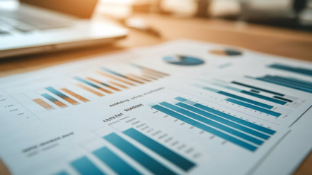 A close-up of a financial report with various business graphs, including bar charts and line graphs, with clear data and annotations.の素材