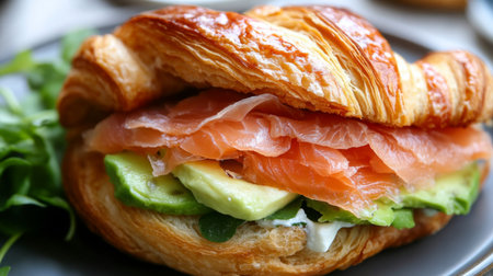 A close-up of a flaky croissant sandwich with layers of smoked salmon, avocado, and cream cheese, showcasing its texture and gourmet fillingsの素材