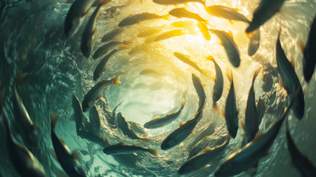 A close-up of a school of fish forming a swirling pattern, with sunlight filtering through the water and casting a beautiful glow on the sceneの素材