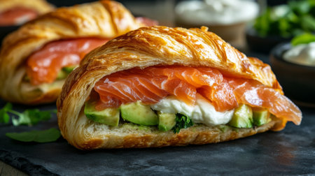 A close-up of a flaky croissant sandwich with layers of smoked salmon, avocado, and cream cheese, showcasing its texture and gourmet fillingsの素材