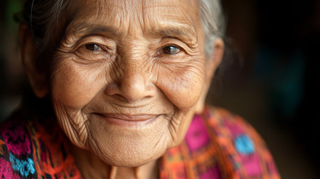 A close-up of a smiling elderly woman with gentle wrinkles and a warm expression, highlighting her wisdom and graceの素材