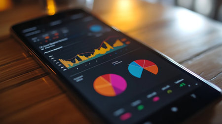 A close-up of a smartphone screen displaying an interactive business graph app, with colorful pie charts and trend lines.の素材
