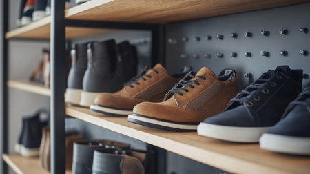 A close-up of a shoe rack with a mix of sandals, boots, and sneakers, showcasing the design and functionality of the rack in a modern homeの素材