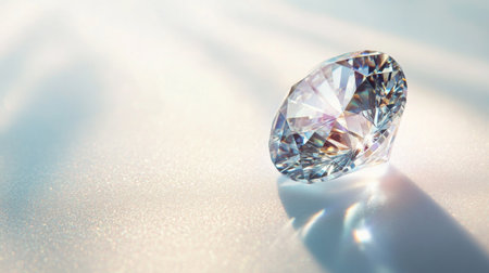 A close-up of a single sparkling diamond resting on a pristine white background, showcasing its brilliant cut and facets reflecting light.の素材