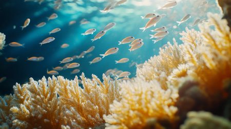 A close-up of a school of small fish swimming near a vibrant coral reef, highlighting their delicate features and the rich underwater ecosystemの素材