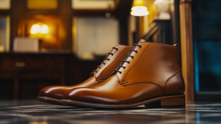 A close-up of men dress boots with a rich leather texture and elegant design, set against a backdrop of a classic office environmentの素材