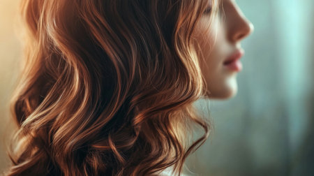 A close-up of a woman with elegant, loose waves cascading down her back, showcasing a soft and natural hairstyle in a well-lit settingの素材