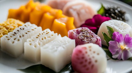 A close-up of traditional Thai desserts like taro and sticky rice cakes, artistically arranged on a white dish, showcasing their intricate designs and texturesの素材