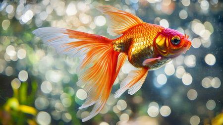 A close-up of a vibrant goldfish swimming gracefully in a clear, well-maintained aquarium, with its shimmering scales catching the lightの素材