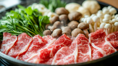 A close-up of shabu-shabu ingredients including thinly sliced meat, mushrooms, and leafy greens, with a hot pot simmering in the backgroundの素材