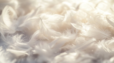 A close-up of delicate white feathers scattered gently across a soft surface, with natural light highlighting their fine details.の素材