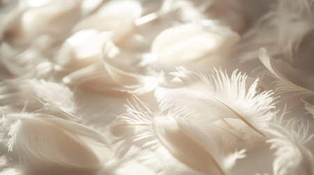 A close-up of delicate white feathers scattered gently across a soft surface, with natural light highlighting their fine details.の素材