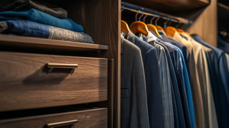 A close-up of a wardrobe with a stylish combination of hanging garments and drawer compartments, emphasizing clean lines and efficient organizationの素材