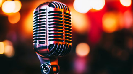 A close-up of a vintage-style microphone with a classic design, set against a soft-focus background of a cozy music room or studioの素材