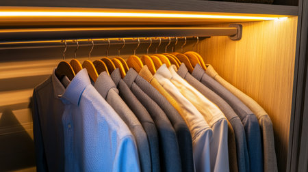 A close-up of a wardrobe interior with neatly organized rows of shirts, pants, and accessories, featuring built-in lighting and a polished designの素材