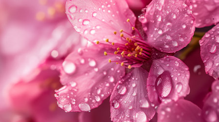 A close-up of vibrant pink cherry blossom petals with morning dew, capturing the intricate details and delicate beauty of the flowersの素材