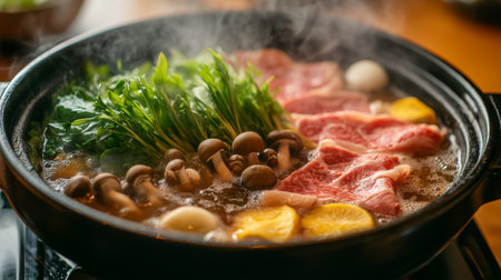 A close-up of a steaming pot of shabu-shabu with assorted ingredients like beef slices, mushrooms, and leafy greens cooking in a flavorful brothの素材