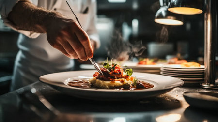 A chef plating a gourmet dish in a professional kitchen, with a focus on the delicate presentation and garnishing.の素材