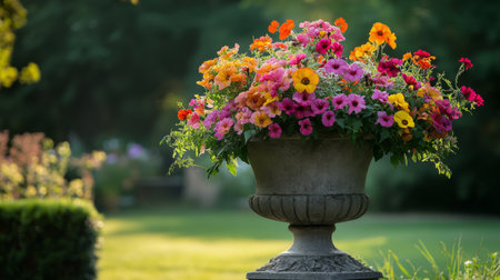 A classic stone urn filled with vibrant seasonal flowers, positioned on a garden pedestal with a charming backyard view.の素材