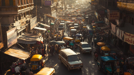 A chaotic scene of traffic in a busy market area, with pedestrians, cars, and tuk-tuks navigating through the narrow streets.の素材