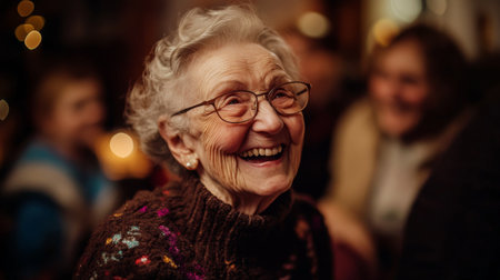 A candid shot of an elderly woman laughing with family, her face lit up with joy and showcasing the character lines of a life well-livedの素材