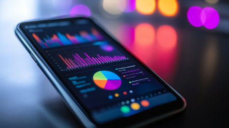 A close-up of a smartphone screen displaying an interactive business graph app, with colorful pie charts and trend lines.の素材