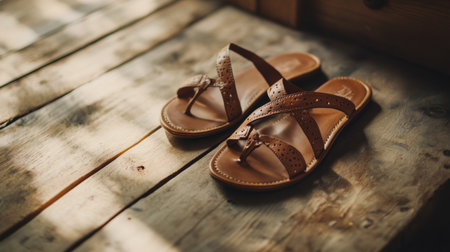 A close-up of strappy sandals with intricate details, resting on a wooden surface with a soft, natural light.の素材