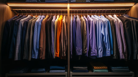 A close-up of a wardrobe interior with neatly organized rows of shirts, pants, and accessories, featuring built-in lighting and a polished designの素材