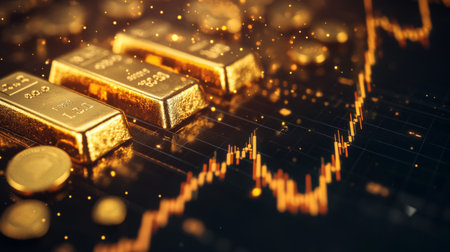 A close-up of a gold price graph with various indicators and annotations, with gold bars and coins in the background, highlighting investment trendsの素材