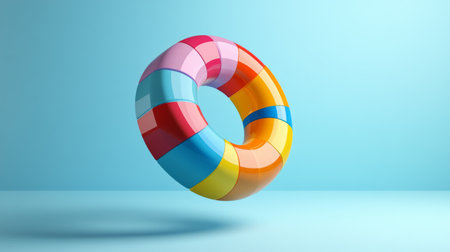A colorful 3D donut chart floating on a clean background, with different data segments separated and highlighted in various hues.の素材