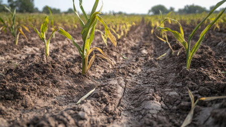 A close-up of withered plants and dry soil in a once-fertile agricultural field, depicting the effects of prolonged droughts and climate change on farmingの素材