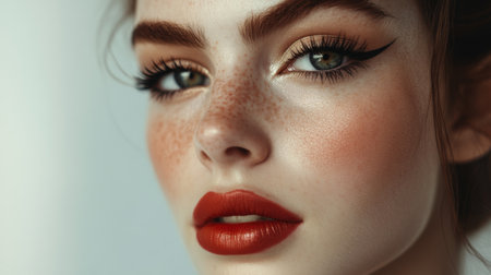 A close-up shot of a woman with meticulously applied makeup, showing off her perfect eyeliner, bold lipstick, and flawless skin, captured with a high level of detail.の素材