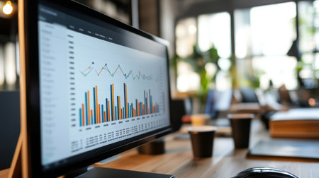 A detailed business graph displayed on a computer screen, showing upward trends and colorful data visualizations in a modern office setting.の素材