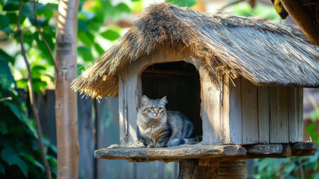 A close-up view of a charming, rustic cat house with a thatched roof and wooden construction, providing a cozy retreat for a cat.の素材