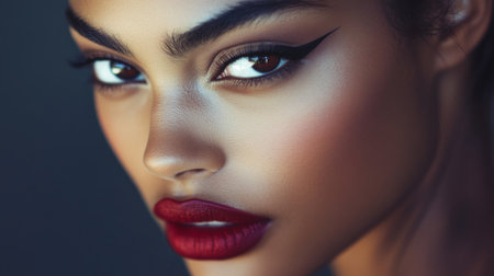 A close-up shot of a woman with meticulously applied makeup, showing off her perfect eyeliner, bold lipstick, and flawless skin, captured with a high level of detail.の素材