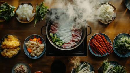 A cozy dining setup with a steaming shabu-shabu pot in the center, surrounded by plates of fresh ingredients like vegetables, meat, and noodlesの素材