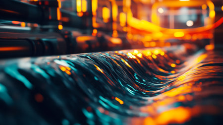 A close-up view of vibrant electric waves pulsing through cables in a high-tech industrial setting, symbolizing the flow of energy and innovation.の素材